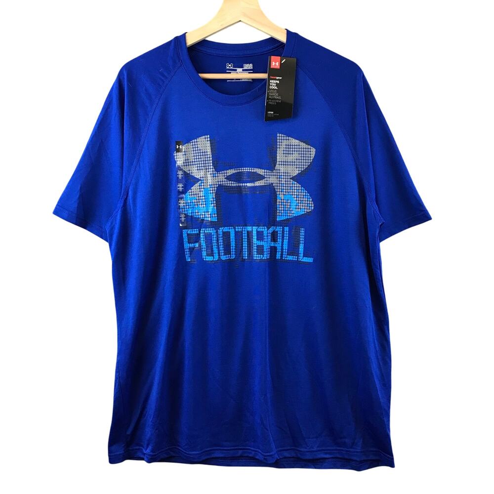 New Under Armour Mens L Loose Fit Heat Gear Short Sleeve Football Blue Shirt
